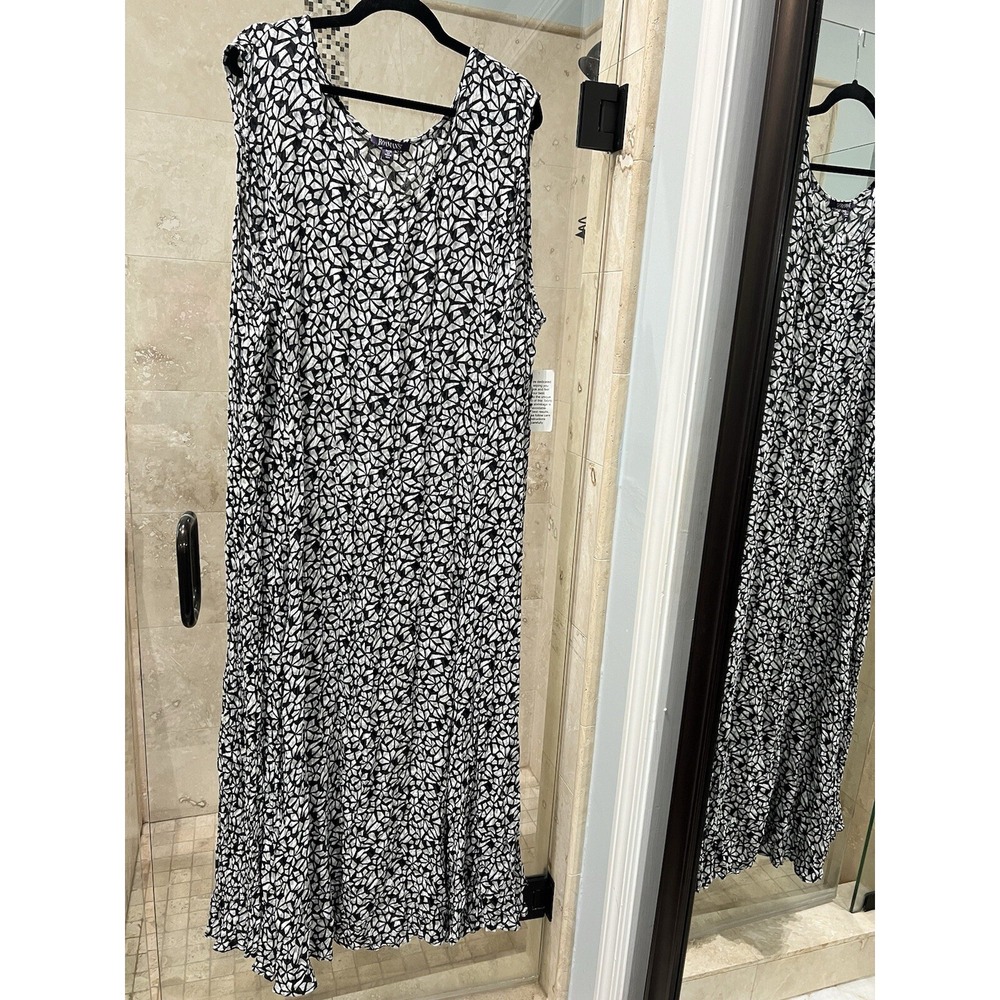 Roaman's Plus Size 4X 34/36 Black White Geometric Crinkle Maxi Dress Sleeveless